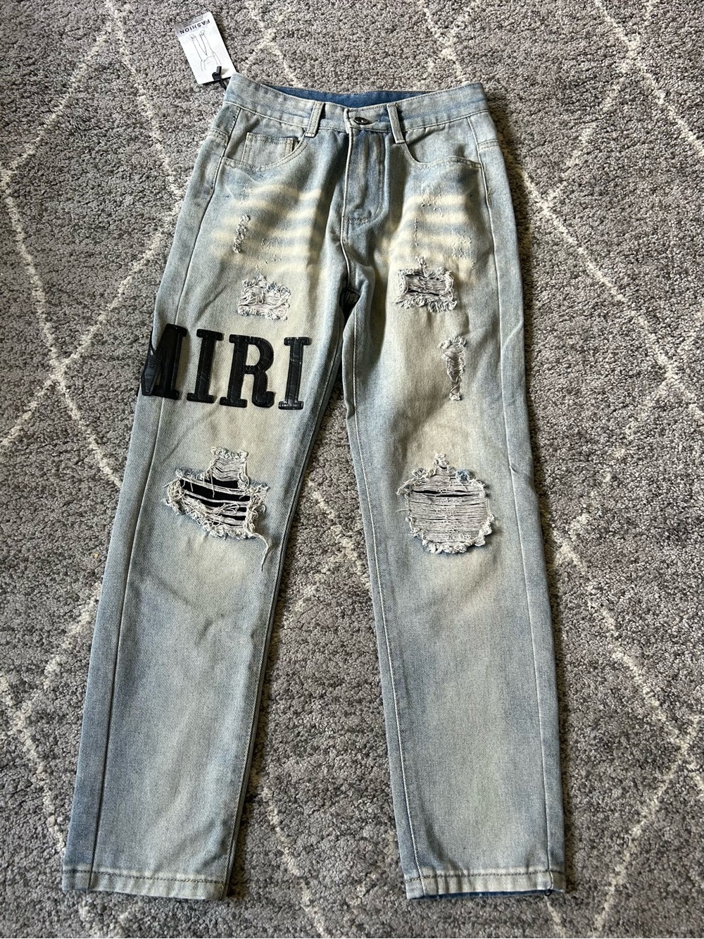 AMIRI Light Blue Distressed Slim Straight Jeans with Black LOGO Lettering Small